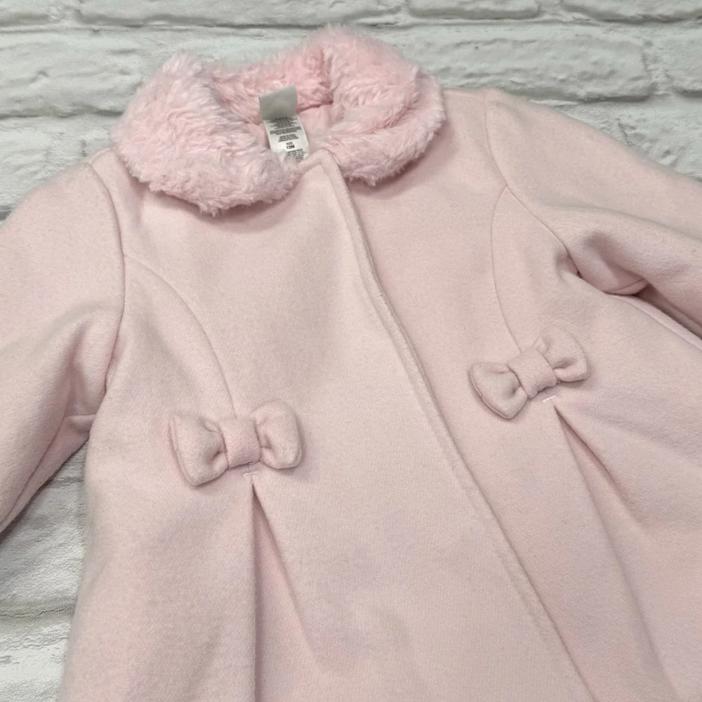 LITTLE ME Pink Felt Pea Coat 12M Bow Faux Fur Babydoll Quilted Lining Warm Fuzzy